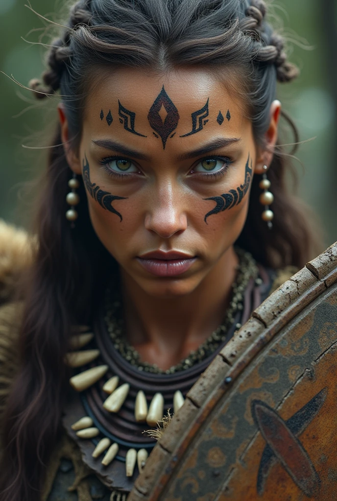 Close up face of beautiful viking queen, wooden shield in hand, eagle crown , tribal design on the eyes, Angry, bone ornaments on the neck, battle armor, focused