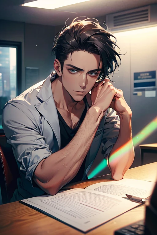 (Best Quality,4k,8k,high resolution,Masterpiece:1.2),ultra detailed,(realist,photorealist,photo-realist:1.37),1 man,31 years,mature man,very handsome,without expresion,muscled body,short gray black hair,Blue eyes,glare,perfect face without mistakes,imposing posture,businessman,office background,cinematic lighting,imagen HDR