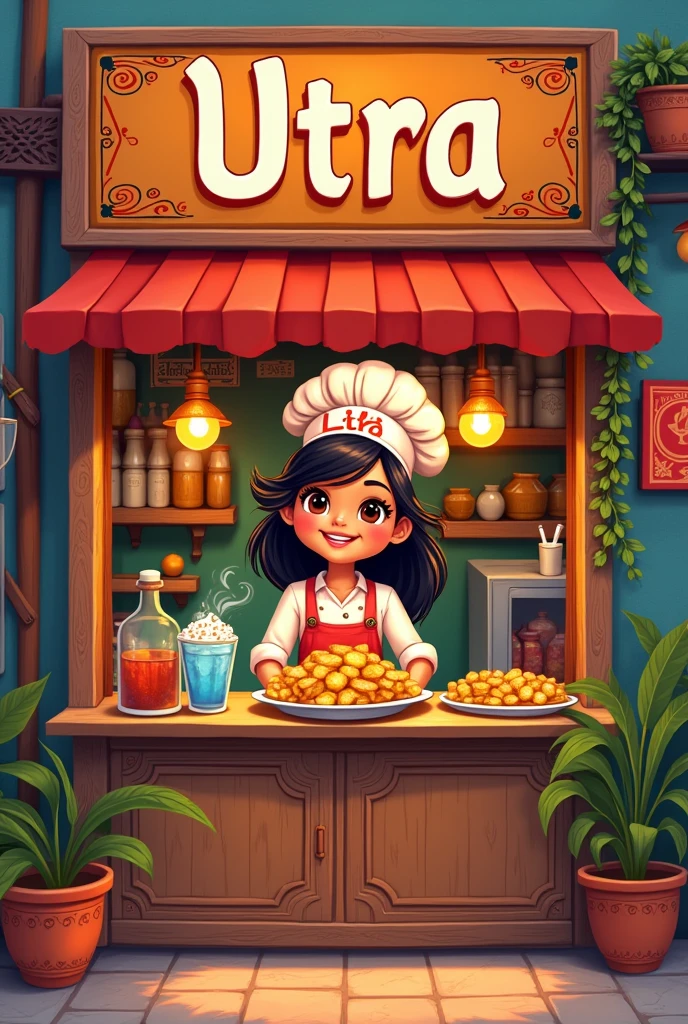 Cold drinks and fried potato shop cute  indian 
chef Girl logo name is UTRA shop name is Utra

