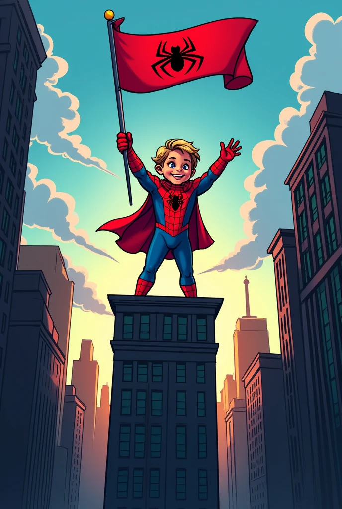 A child dressed as Spider-Man on the top of building, with the shadows of buildings behind him, and a banner with the superhero written on it Cartoon drawing 2d with black outline