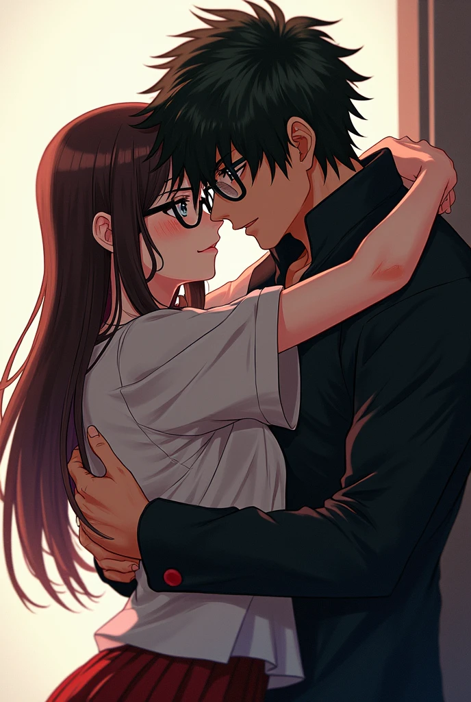  girl, BROWN long straight hair, white, black eyes, wearing glasses (My Hero Academia custom character) 

[Make me hugging the one and only Katsuki Bakugo]