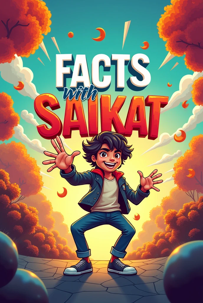 "Create a vibrant and eye-catching YouTube banner for a channel named 'Facts with Saikat.' The banner should reflect a humorous and engaging tone. Include playful, cartoon-style illustrations of quirky facts or funny characters. Use bright colors and bold fonts to make the channel name 'Facts with Saikat' stand out prominently. Incorporate elements like comical fact bubbles or exaggerated expressions to convey the fun nature of the content. Mack this a YouTube banner and don't forget the size off that

