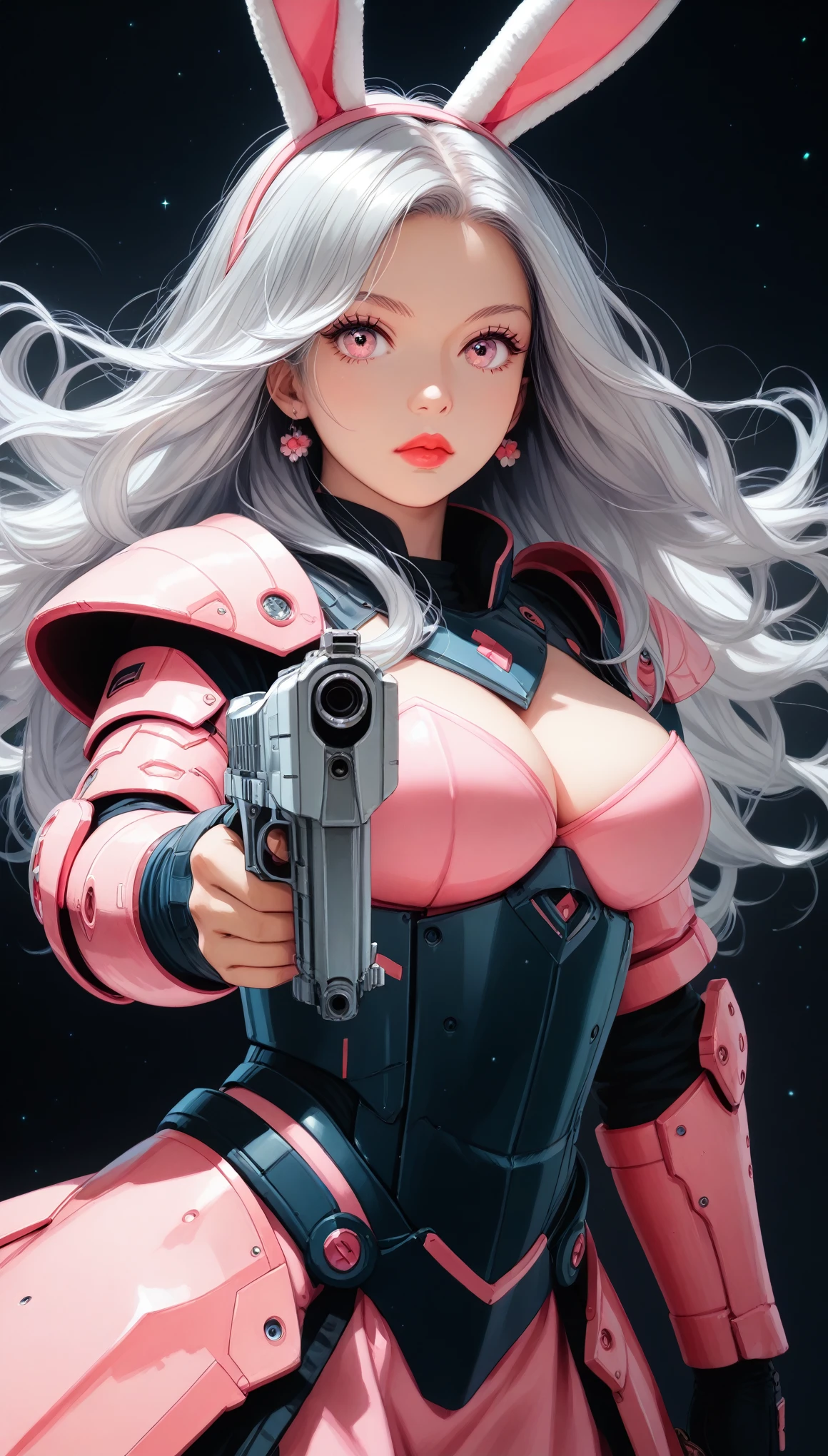 score_9, score_8, score_7, BREAK solo, original, cinematic, Beautiful girl, long hair, gray-white hair, two-tone eyes, blue and pink eyes, bunny ears, large breasts, , armor, anime girl, red-pink lips, holding a gun, Aesthetically Perfect, Photo Sublime, perfection Flawless composition, Perfectly composed, Balanced composition, No wasted space, dynamic angle, action scene, 