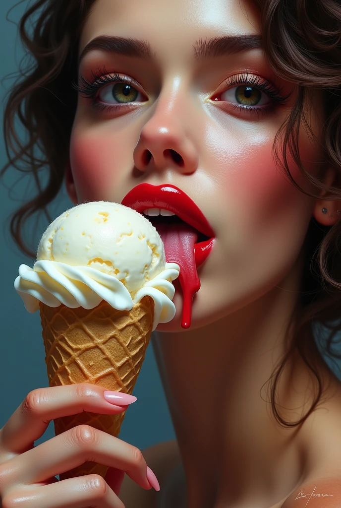 Sexy woman mouth licking ice cream ball. Ice cream runs down the corners of the mouth. focus on mouth. Abstract style