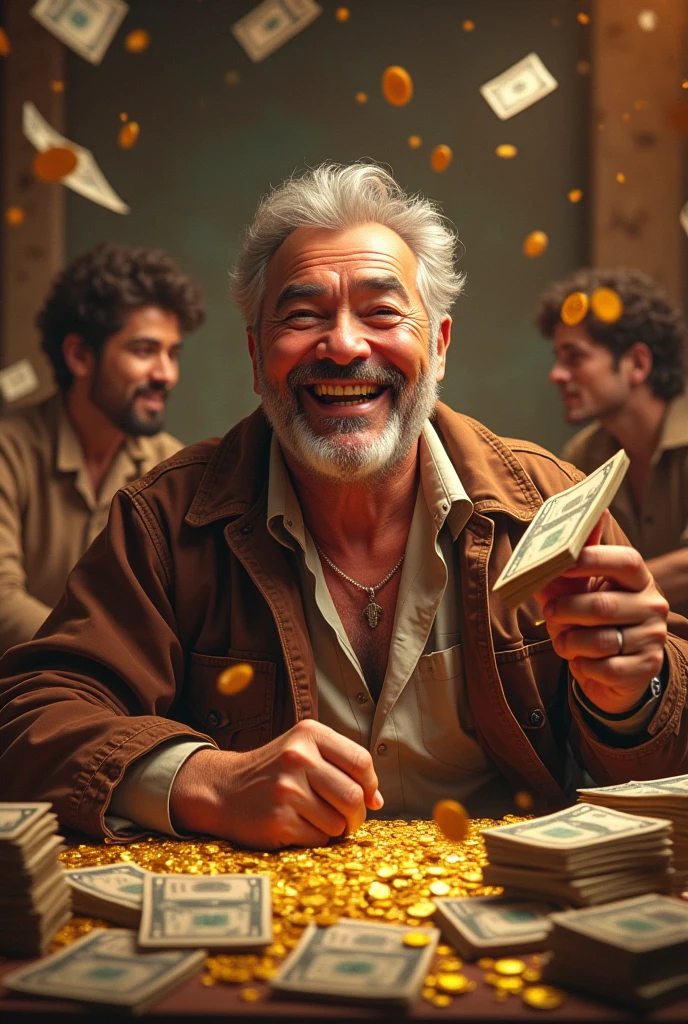 Happy man after winning the tiger game with lots of money around, and a teacher begging in the background 