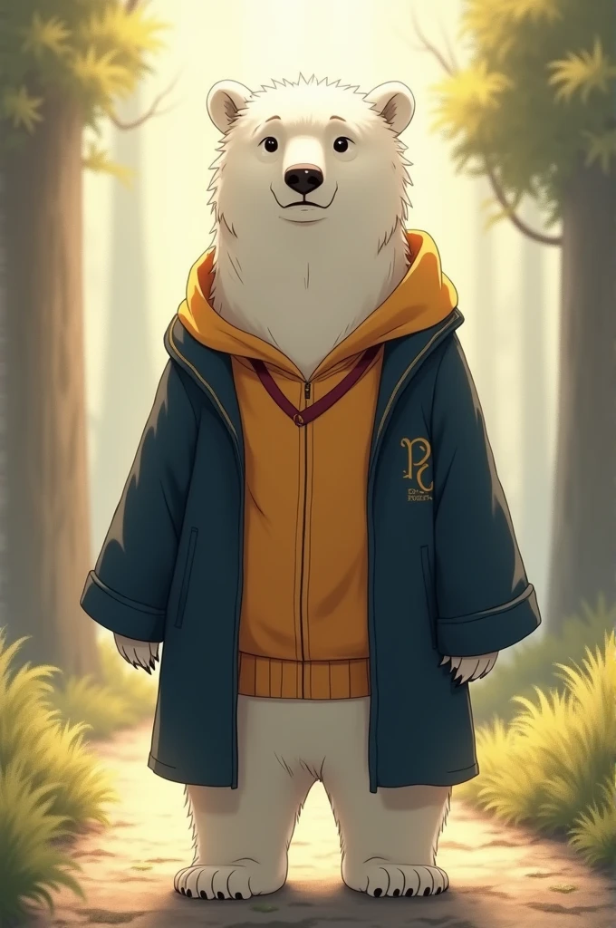 ghibli style, anime, a humanized young male polar bear, at the age of 17, full body and in Harry Potter uniform