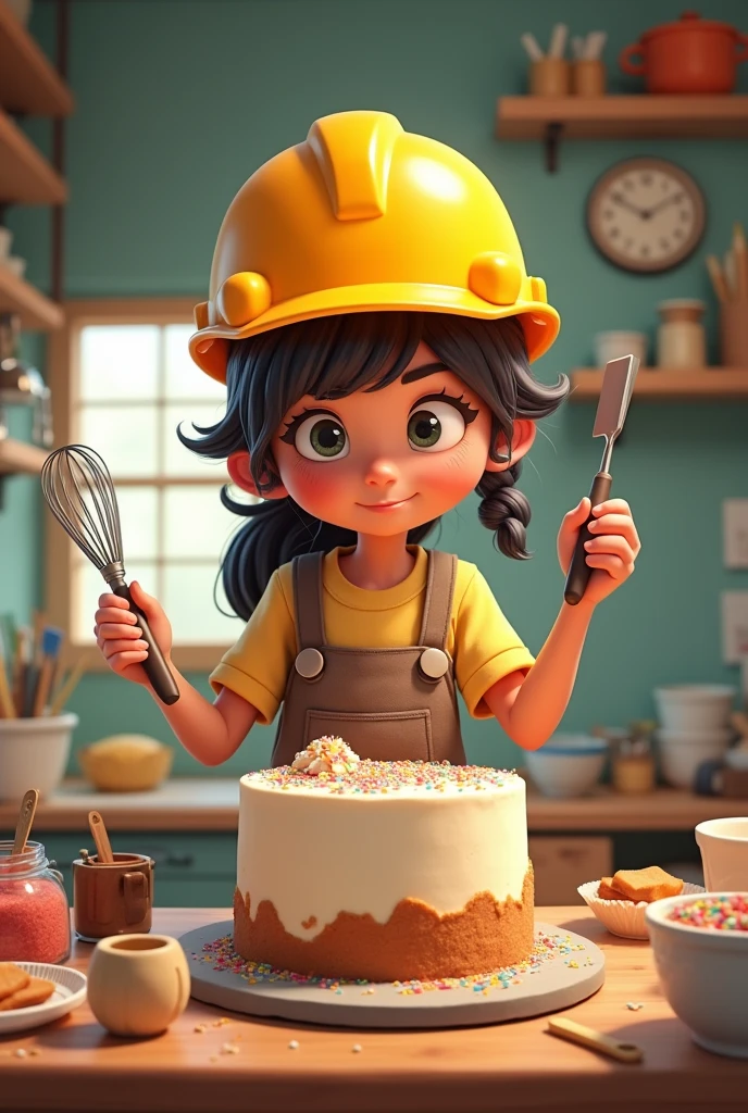 A girl with yellow engineering hat with a spatula and wisk in her hand who builds cake
