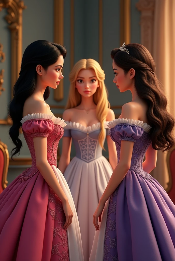 Create a REALISTIC image of a scene from Cinderella , with the well-groomed sisters , one with black hair and the other with brunette hair , one with a pink and purple dress with Cinderella in the middle behind with a sad expression , and Cinderella with blonde hair and APRON , gathering to arrange the sisters&#39; dress REALISTICLY CREATE THEM TO LOOK LIKE REAL PEOPLE 