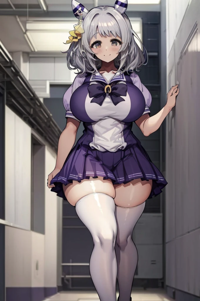 (((masterpiece))), ((Highest quality)), 1 person, One Woman, alone,Glowing Skin,Bust Shot,hishi miracle, horse ears, hair ornament, horse tail, tracen school uniform, purple shirt, puffy short sleeves, white skirt, white thighhighs, Gray Hair, Yellow Eyes、Detailed Eyes, (((Very large breasts)))、((Thick legs、))Are standing、smile、