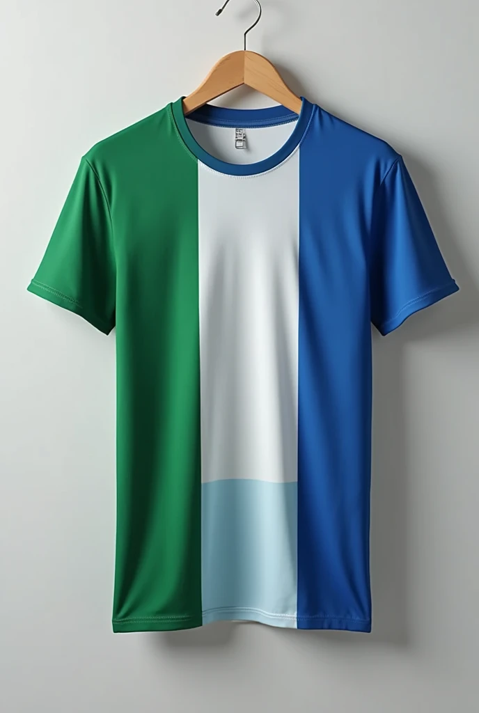 Image of a sublimated round neck t-shirt with a flag with three white colors,green and blue
