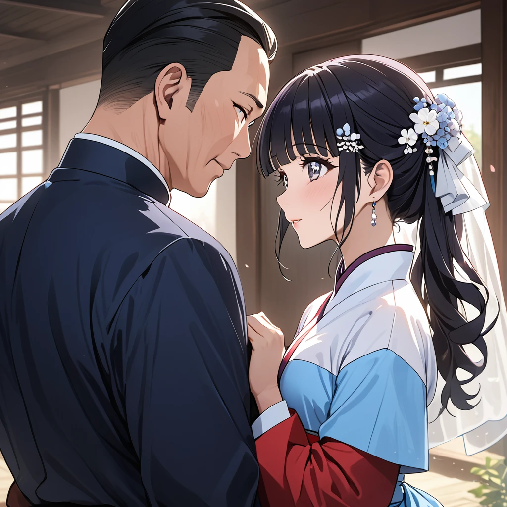 ((Highest quality)), ((masterpiece)), (detailed), (Perfect Face)、The woman is Reika Aoki with semi-long hair、The woman is wearing a North Korean traditional traditional dress and is getting married to a middle-aged North Korean man.
