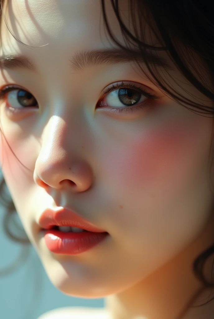 Zoom in on a realistic and detailed female face　Fine skin texture