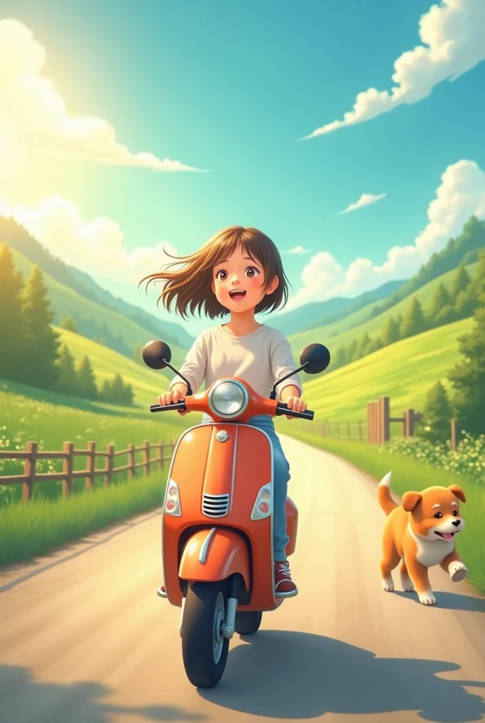 Healing anime，Girl riding a scooter on a sunny road，There is a puppy behind