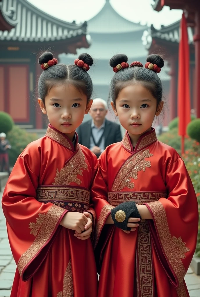 8K，Extremely high image quality，A high resolution, Young Man twins, Detailed face，Stunning face，thigh boots, hair adornments, view the viewer, Beautiful eyes,pony tails，The princess cuts the bangs，Single glove,sash,Red dress,Obi,choker necklace,Cowboy shot, Chinese Ancient Architecture, Mature man，