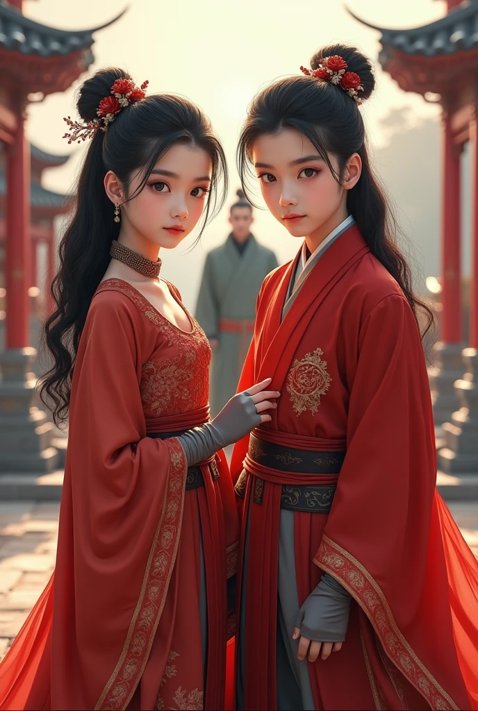 8K，Extremely high image quality，A high resolution, Young Man twins, Detailed face，Stunning face，thigh boots, hair adornments, view the viewer, Beautiful eyes,pony tails，The princess cuts the bangs，Single glove,sash,Red dress,Obi,choker necklace,Cowboy shot, Chinese Ancient Architecture, Mature man，