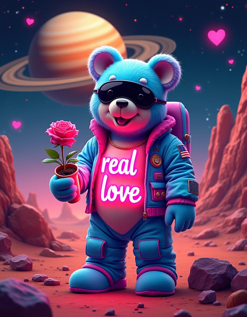 NFT cool art in the style of beeple artist:: behind a space candy bear on the mars,on the left hand is american flag patch only one hand and another one hand holding a rose holding a :: plant pot :: photo included flash light symbolls on the wall and ::space skies and stars and giant saturn planet close up and falling star on the background :: of 1 toy full body with fashion grunge style toy bear, black mirror VR mask blue neon glow, pink fur, toy bear holding a thunfer flash light neon in the hand, hug ( neon glow my LOVE neon glow word :: ) with two eyes in a style in mood and happy smiling with teeth smile wearing a :: yellow:: red hair and a slash yellow glow on the bear, background with X and O game made of hearts, Glowing stars is flying in the air, neon glow heart inside of the heart is the word :: REAL LOVE :: word, 90's fashion font graffiti words:: hug LOVE::, hyper detailed 35 mm shot