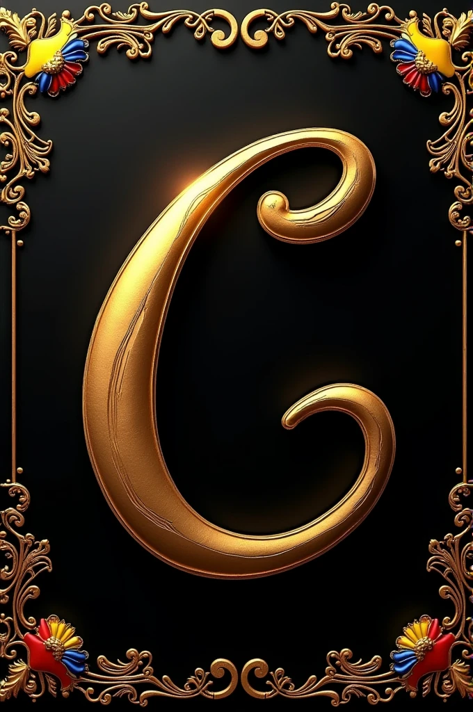 An image with a black background and very nice golden cursive letter and Colombia decoration that contains the Colombian flag and its colors