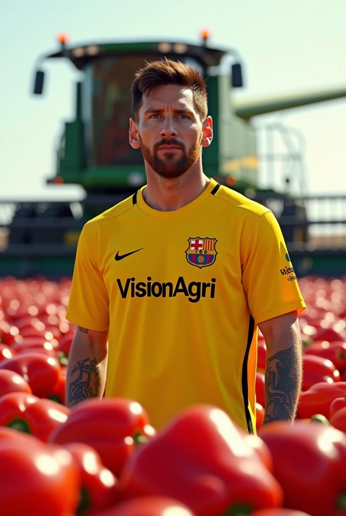 Lionnel messi qui porte un T-shirt jaune ecris dessus VISION AGRI, se tenant devant une moissoneuse batteuse dans un champs de poivrons.