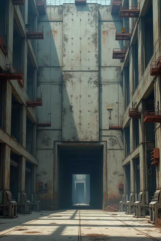 Make me a two dimention picture of a giant robot hangar wall without giant robots