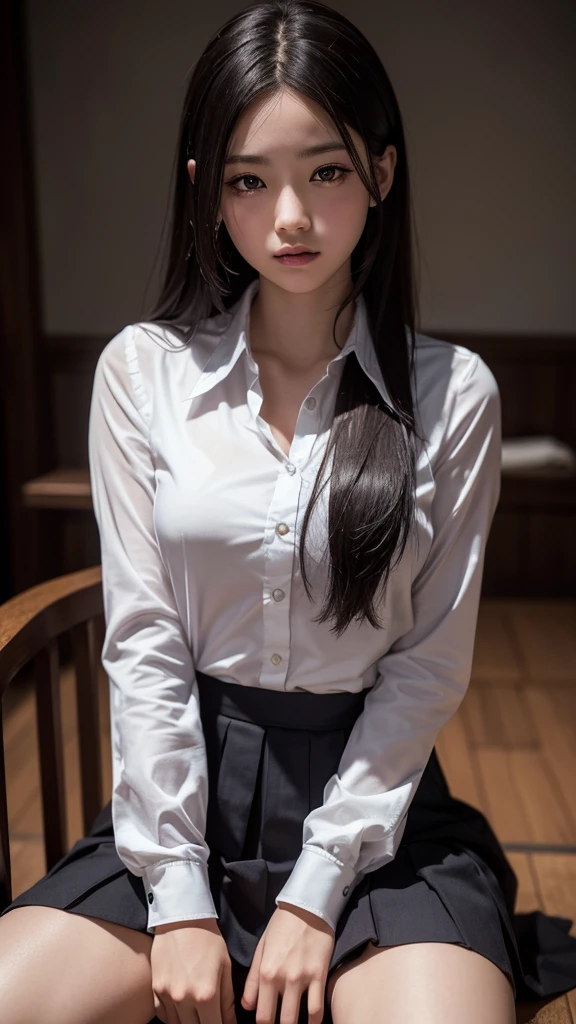 a Japanese young girl in a messy, dark room, wearing a school uniform with semi-long hair, on her hands and knees with her skirt lifted, revealing her bare lower body, blushing and teary-eyed, (best quality,4k,8k,highres,masterpiece:1.2),ultra-detailed,(realistic,photorealistic,photo-realistic:1.37),extremely detailed eyes and face,longeyelashes,beautiful detailed lips,beautiful detailed eyes,intricate details,intricate background,dramatic lighting,dark and moody atmosphere,cinematic composition