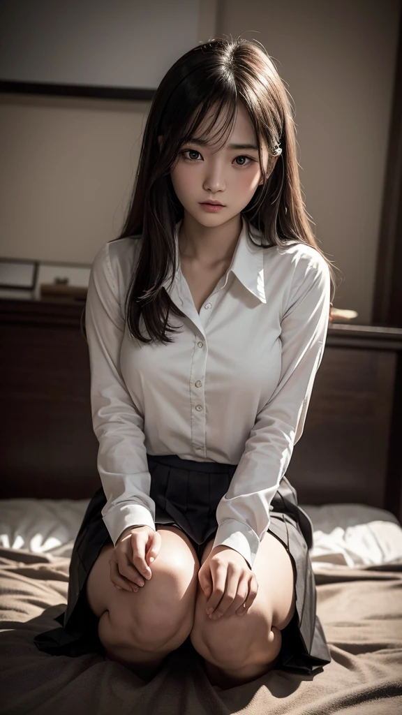 a Japanese young girl in a messy, dark room, wearing a school uniform with semi-long hair, on her hands and knees with her skirt lifted, revealing her bare lower body, blushing and teary-eyed, (best quality,4k,8k,highres,masterpiece:1.2),ultra-detailed,(realistic,photorealistic,photo-realistic:1.37),extremely detailed eyes and face,longeyelashes,beautiful detailed lips,beautiful detailed eyes,intricate details,intricate background,dramatic lighting,dark and moody atmosphere,cinematic composition