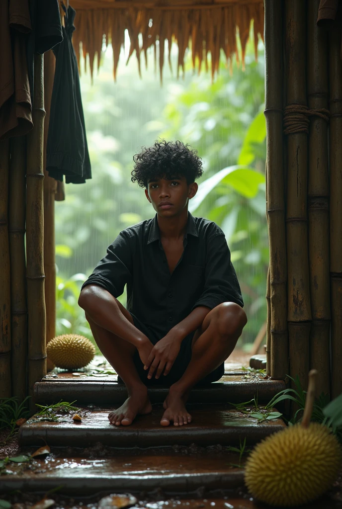 Photorealism 1.4 realistic realism high detailed definition Malaysian orang asli teen native aborigines wearing black tear shirt short sitting on stairs  bamboo floor bamboo hut leaf roof at the jungle  clothes hanging at back dark skin curls short hair waving bamboo wall durian on ground wet ground after rain morning mode