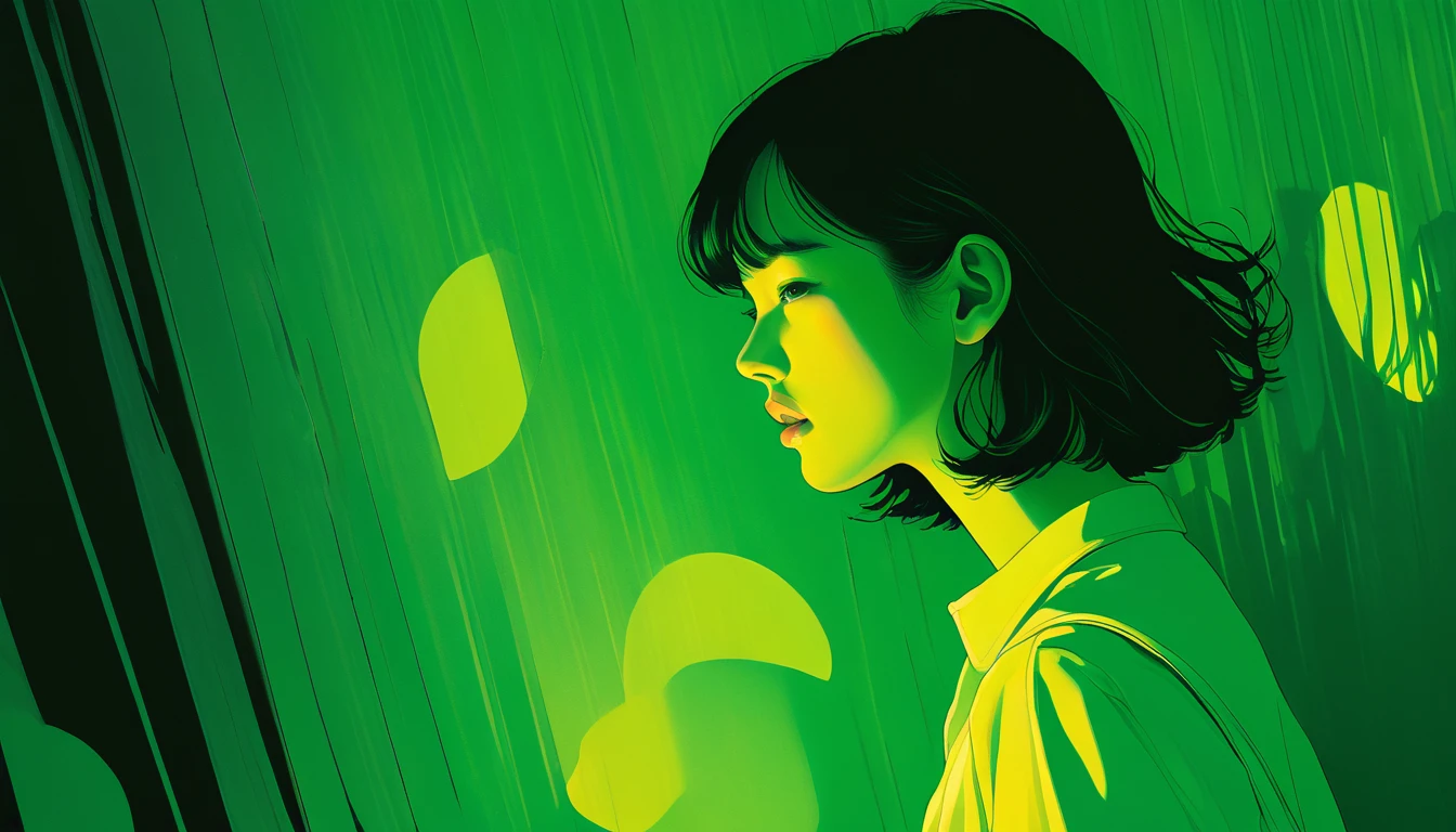 An illustration、art、Overaction、Overreaction、Pretending to be scared、Attention to detail, Realistic shadows、Analog Style, chromatic aberration, Surrealism,Green world