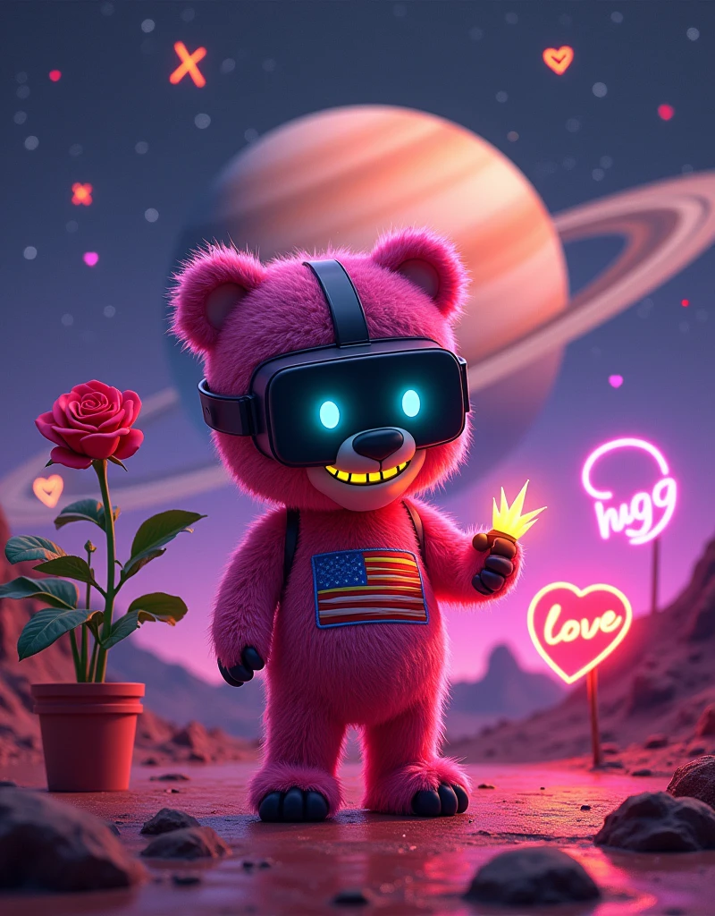 NFT Lo-Fi cool art in the style of beeple artist:: behind a space candy bear on the mars,on the left hand is american flag patch only one hand and another one hand holding a rose holding a ::  plant pot  :: photo included flash light symbolls on the wall and ::space skies and stars and giant saturn planet close up and falling star on the background :: of 1 toy full body with fashion grunge style toy bear, black mirror VR mask blue neon glow, pink fur, toy bear holding a thunfer flash light neon in the hand, hug ( neon glow my  LOVE neon glow word :: ) with two eyes in a style in mood and happy  smiling with teeth smile wearing a :: yellow:: red hair and a slash yellow glow on the bear, background with X and O game made of hearts, Glowing stars is flying in the air, neon glow heart inside of the heart is the word ::  REAL LOVE ::  word, 90's fashion font graffiti words:: hug LOVE::, hyper detailed 35 mm shot