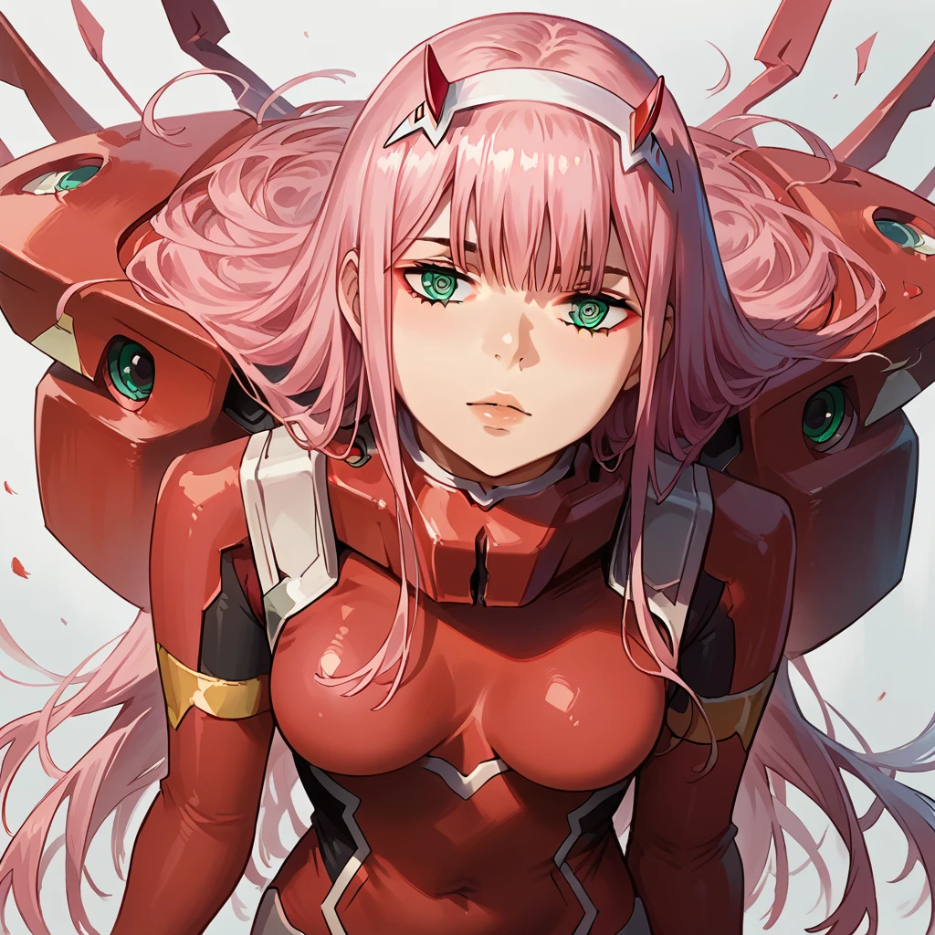 score_9, score_8_up, score_7_up, score_6_up, masterpiece, best quality, Anime_source, anime girl, 1 girl, Zero Two from Darling in the Franxx, beautiful eyes, detailed eyes, pink hair, long hair,  seducing face, medium breast,  bodysuit, naked thighs