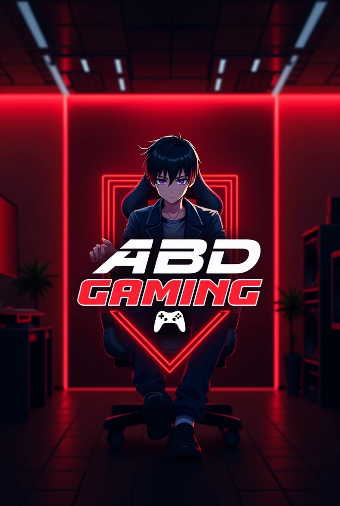 This is a gaming logo that features the name "ABD GAMING FF" in a futuristic font and a neon red color. and Boy Anime sit chair , background red wall and led ,The logo also has a stylized controller icon. The logo is designed to be attractive and eye-catching, and to appeal to gaming enthusiasts and
