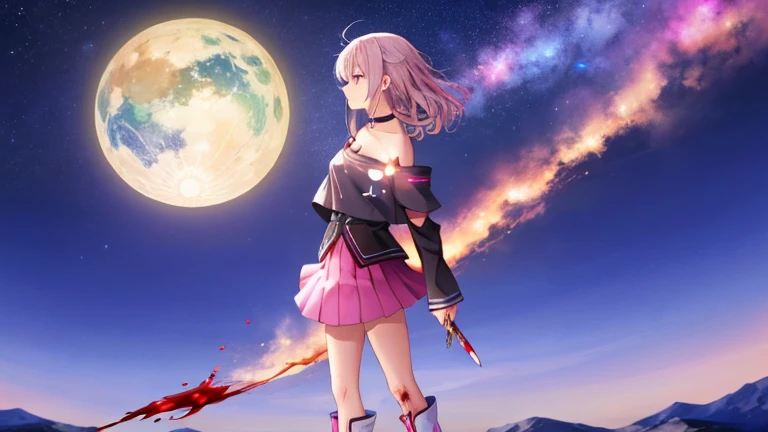 One Girl, he, Vocaloid, skirt, Black Shirt, Off the shoulder, choker, beauty, Girl from another planet, Happy, Mysterious Girl, boots,  whole body, From the side, Gazing at the sky, Night Sky, front,knife,Blood,返りBlood,Are standing