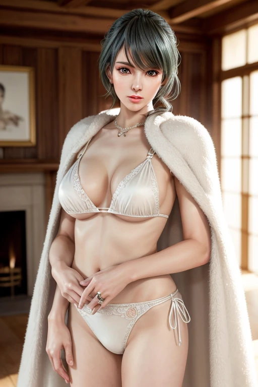 A lady with extraordinary temperament, she stands in a modern indoor space, as if she is a model from a fashion magazine. She is wearing a (pure white long fur cape), the softness and luster of which makes her look more noble under the light, and complements her (beige bikini) underneath, showing her gentle temperament while maintaining a sense of fashion. The style of the dress is simple and generous, a perfect match, and it lengthens her figure, making her tall and charming. The lady's makeup is delicate and elegant, which just highlights her facial features and makes people unforgettable at first sight. Although the earrings and necklace she wears are not ostentatious, they add a bit of sophistication and nobility to her overall look. Her hair is casually draped over her shoulders, and every strand of hair exudes a natural luster,, (best quality,8k,highres,masterpiece:1.2),ultra-detailed,(realistic,photorealistic,photo-realistic:1.37),studio lighting,ultra-fine painting,sharp focus,physically-based rendering,extreme detail description,professional,vivid colors