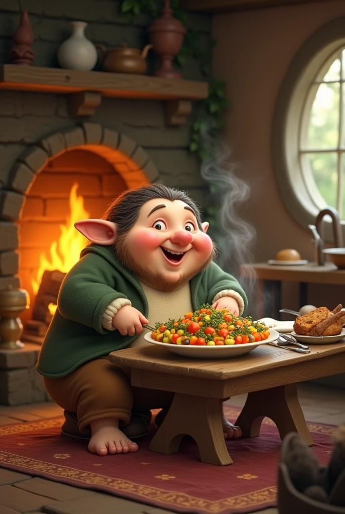 a hobitt eating casserole