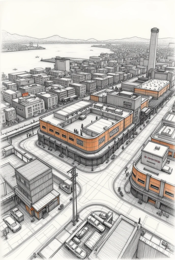 I need a model of a Toyota city seen from above,It must have a port,ramen shop and more stuff,that it looks more like a hand-drawn picture,Let&#39;s see some Toyota car factory,that looks like it was done in pencil,and that no Toyota brand cars are seen,with a little color and Japanese words visible