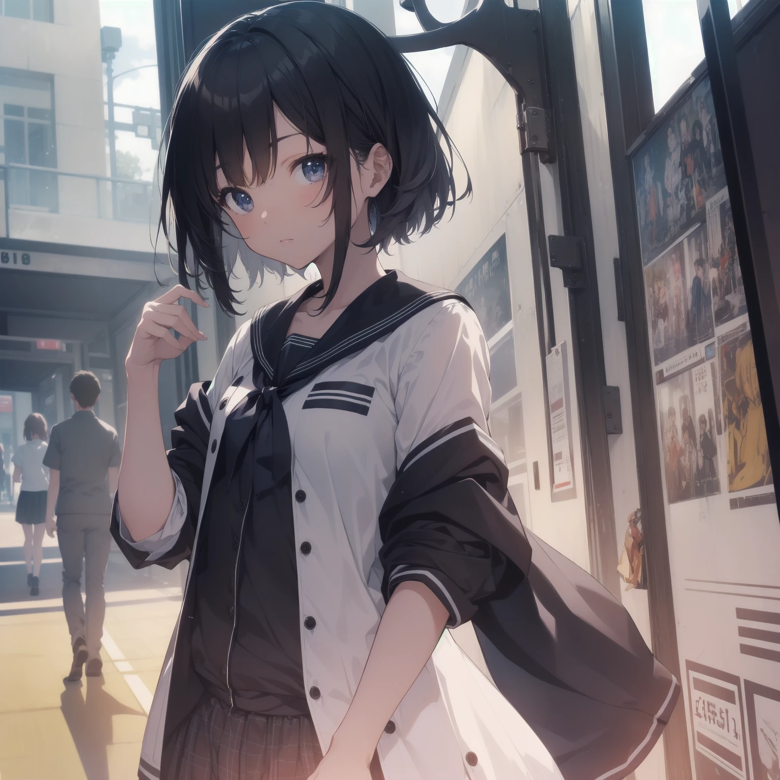 ultra-absurdres-Top quality by artist God, ultra-detailed, high resolution, anime moe artstyle, best anime 8k konachan wallpaper, pixiv contest winner, pool:2810, perfect anatomy,break, 1girl, (Please draw a girl walking sleepily to school alone. )break,(Solo,little female,15yo:1.3),Full limbs, ,a junior high school student, (very short hair), short cut, flat chest, , small butt, small black eyes, beautiful detailed eyes, well-proportioned iris and pupils, expressive eyes, highres detailed hair, soft expression, salor school_uniform, sailor collar, serahuku, bow, pleated skirt,(Detailed Lighting), (Detailed background), in the School commute route. break,super detailed skin, Best cinematic lighting powered by famous artist, 8k,beauty illustration,photoshop_(medium),very aesthetic,break,((artist:merunyaa )), artist:clamp ,artist:carnelian ,artist:kantoku ,
