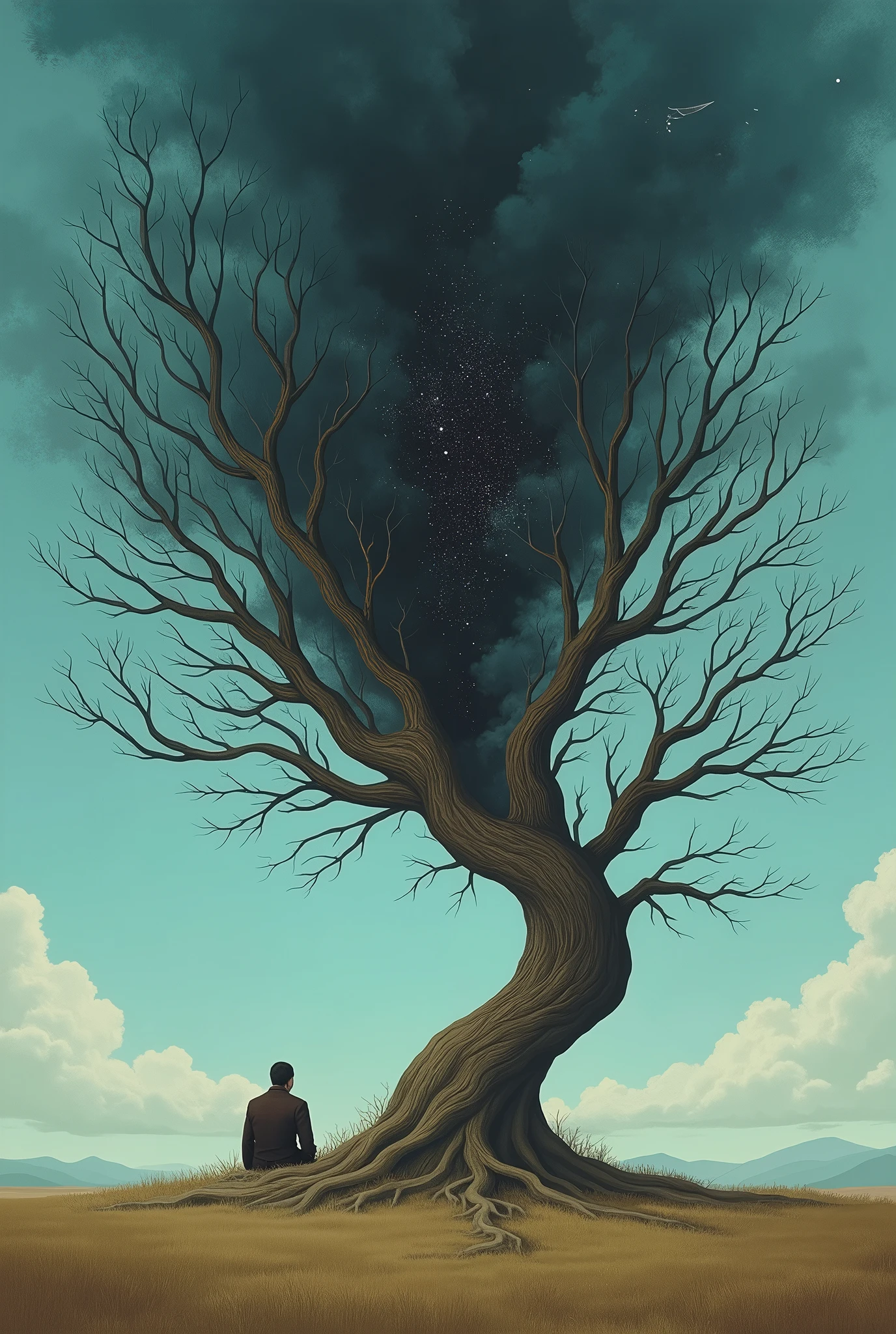ラファル・オルビンスキー風のSurrealism芸術,Rafal Olbinski Style,Art by Rafal Olbinski,Surrealism, Plains, ((wood々The branches and leaves resemble a human face.:1.4, 並wood道:1.2, woodの下に座る人)), The blue sky breaks and night comes, Night sky and blue sky, Minimalist art style,