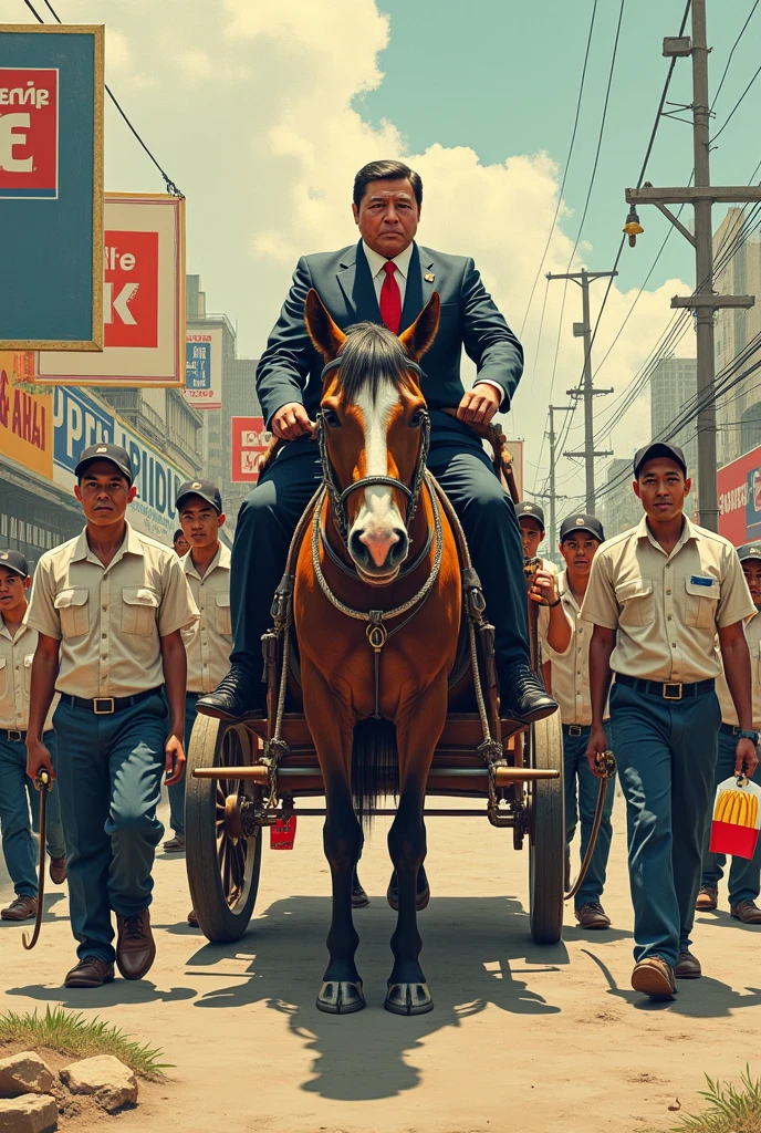 Drawing Description:
Foreground: A modern chariot is being pulled by a group of Filipino workers dressed in uniforms that symbolize various industries such as call centers, manufacturing, and agriculture.
Chariot Rider: The chariot is occupied by a foreign business executive or politician, holding a briefcase overflowing with money and documents marked with "Contract" and "Agreement."
Backdrop: The background features symbols of modern foreign influence, such as multinational company logos and advertisements.
Objects: The workers pull the chariot with their hands and ropes, and some are carrying objects like branded gadgets and fast food containers, symbolizing consumerism and foreign influence.
Caption: "Driven by External Interests: How Our Labor Fuels the Global Market"