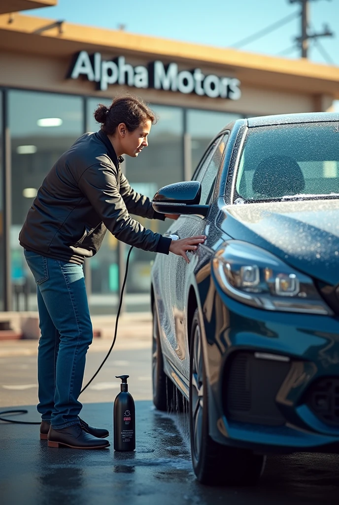 I am washing my car using car shampoo and behind there is a car accessories shop and shop name is ALPHA MOTORS