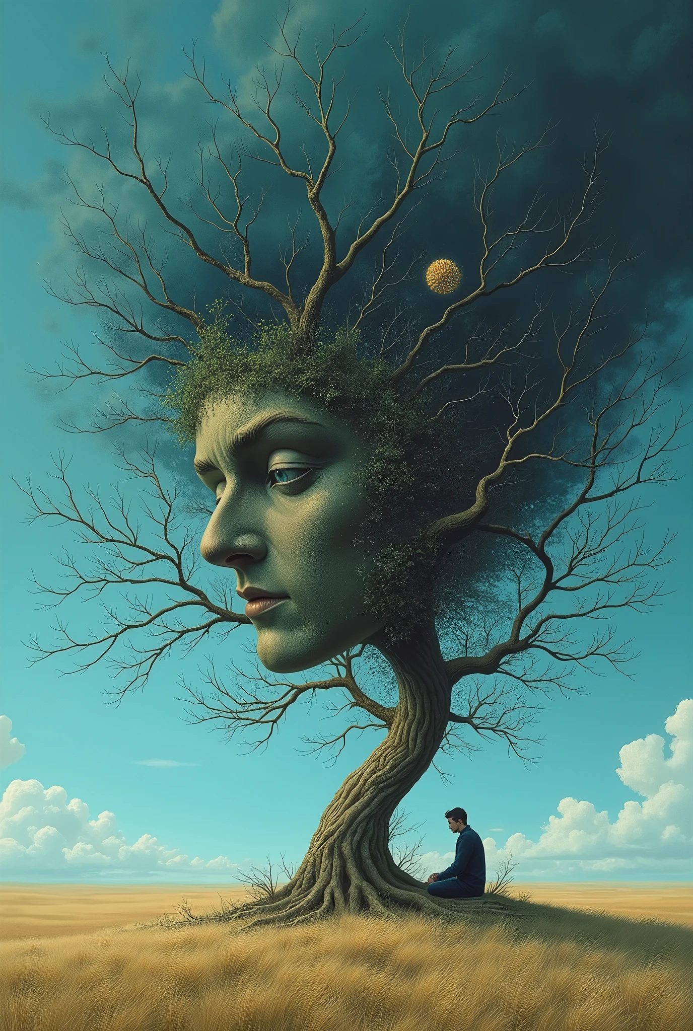 ラファル・オルビンスキー風のSurrealism芸術,Rafal Olbinski Style,Art by Rafal Olbinski,Surrealism, Plains, ((wood々The branches and leaves resemble a human face.:1.4, 並wood道:1.2, woodの下に座る人)), The blue sky breaks and night comes, Night sky and blue sky, Minimalist art style,