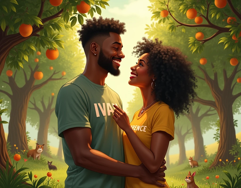 Un homme noir offrant une bague de fiancé à son amoureux noir souriant se baladant dans une grande forêt fruitière
On peut voir le mot Ivan sur le t-shirt de l’homme et Florence sur le t-shirt de la femme
On peut aussi voir des petits animaux à côté