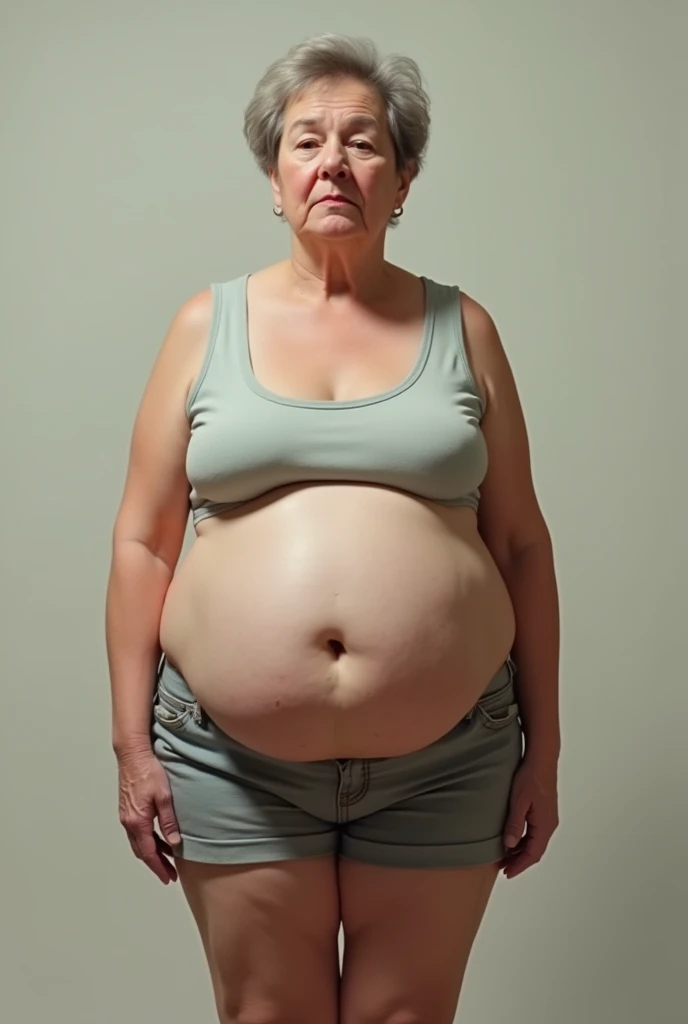 Create a picture of a woman who drank too much Coke and therefore has a big belly