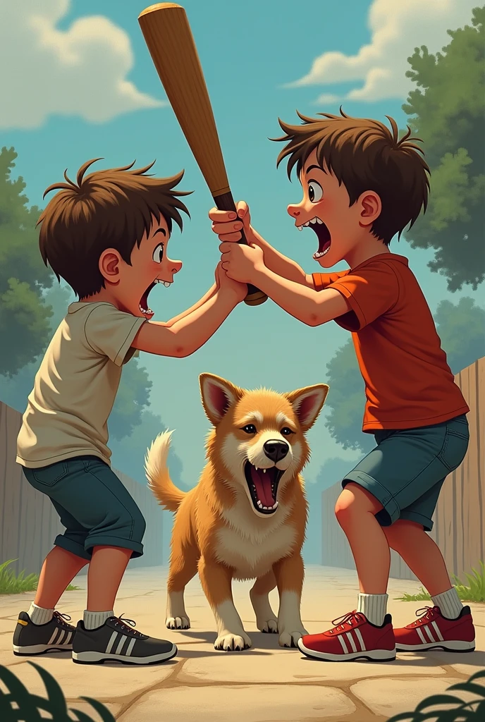 A two kids hitting the dog with a bat