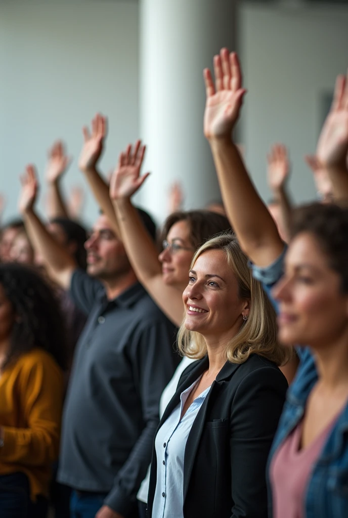 People raising their hands to vote