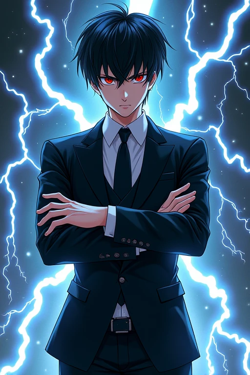 Black Hair,Black suit,male,Anime Style,Red Eye,He crosses his arms over his body and creates lightning.