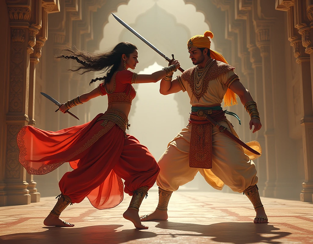 The female rajput warrior and the male rajput warrior run the palace