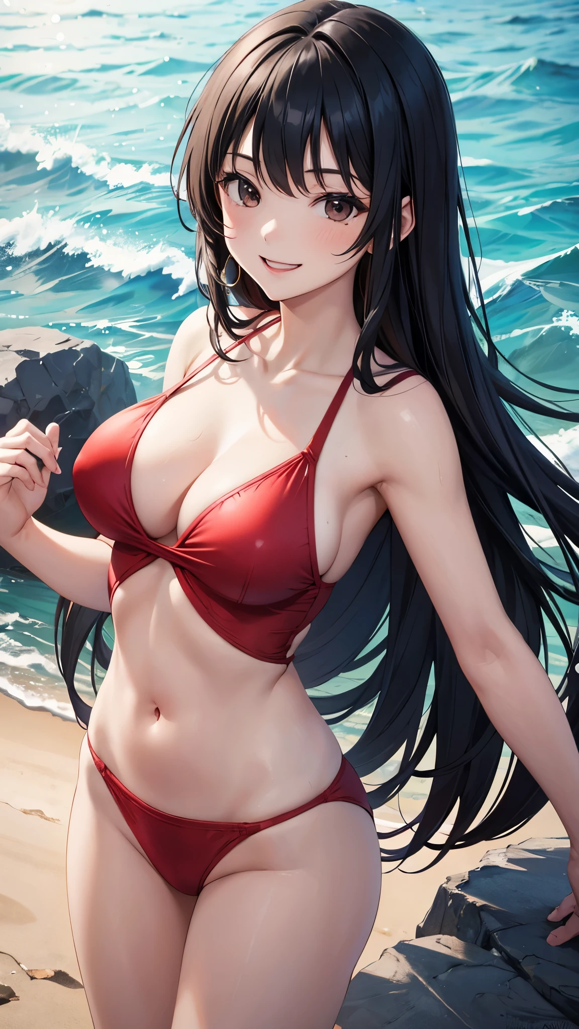 masterpiece, 1girl, Red swimsuit, sea, black hair, black eyes, big smile