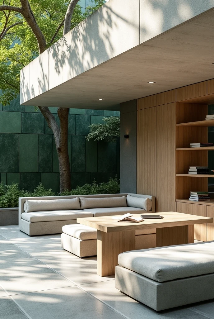 Create an image of an outdoor study area with concrete tables, containing a covered area with concrete shelves on walls, concrete sofas with mattresses, green slates