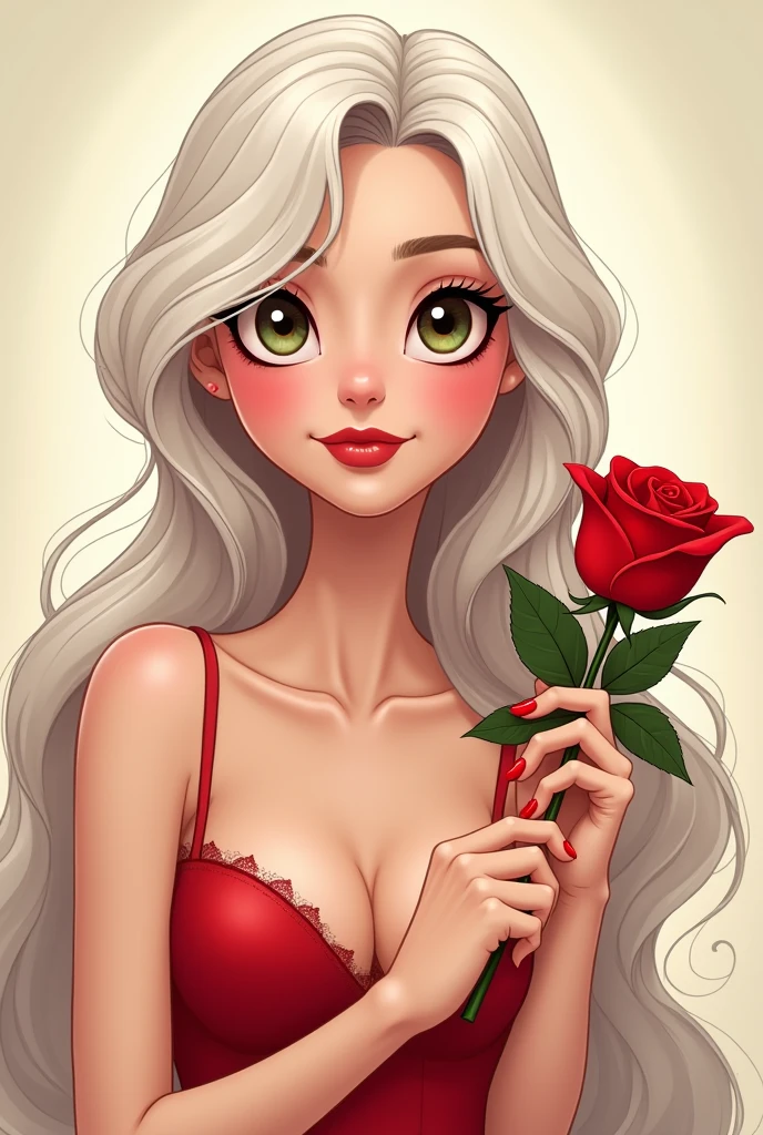 A long-haired, fair-skinned woman with a beautiful face that everyone must look at with a bright red rose is a cartoon.