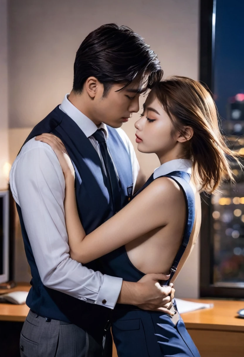A handsome CEO with his beutiful girlfriend,who is on her highschool hot uniform romancing together with him in his luxury office at night.
While he carefully romantically falls down her hair., laege breasts, Hug from behind.