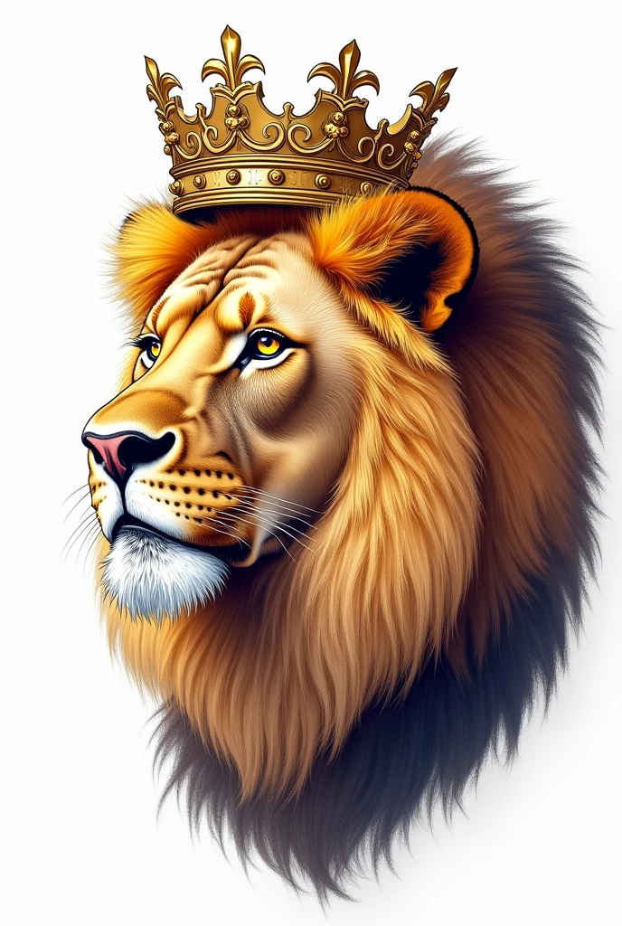 Half of a Lion's face facing forward with a crown on a white background in a colored drawing